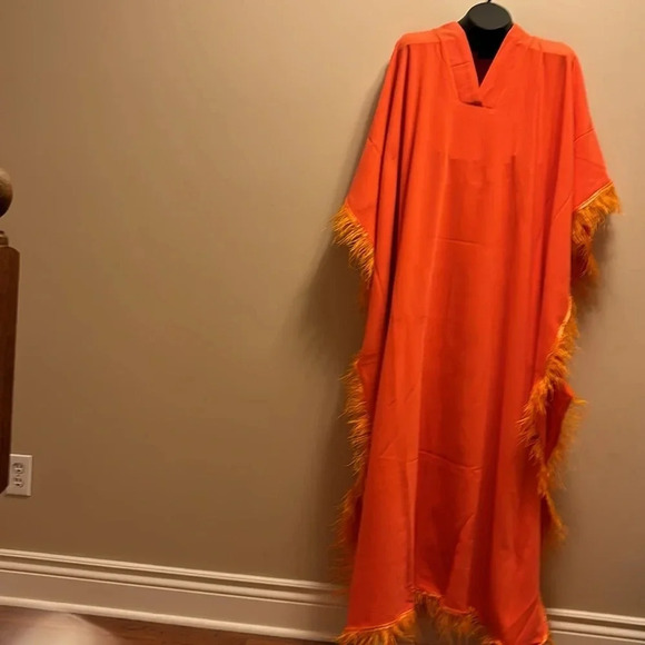 Vintage 1970’s Couture style Fashion Satin Osteich  Feather Trim Kaftan - Picture 3 of 15